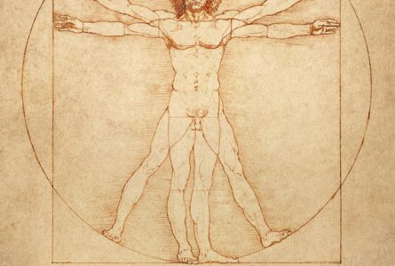The famous anatomical drawing "Vitruvian Man" (Uomo vitruviano) by Leonardo da Vinci.